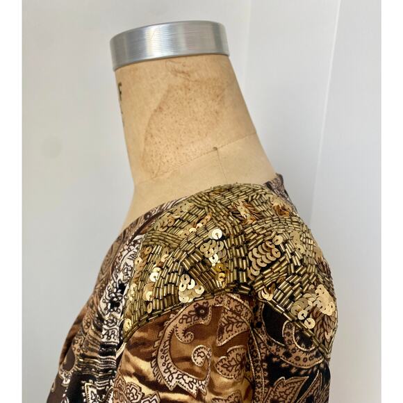 Cache Paisley Vintage Faux Wrap Dress with Gold Beaded Shoulders size S - Picture 4 of 10